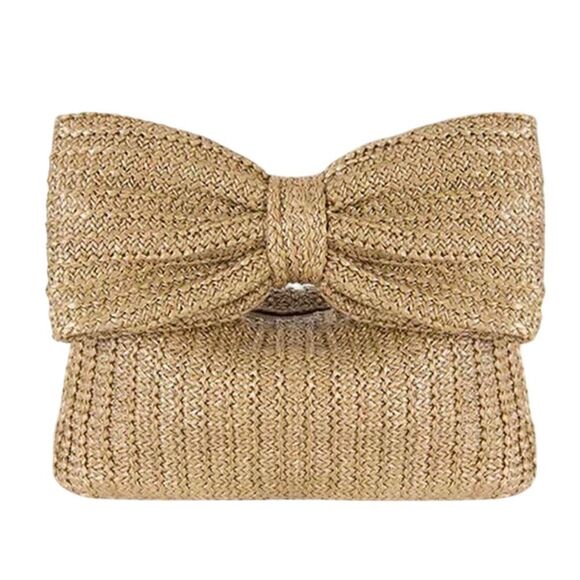 Chic Trendy Khaki Straw Bow Clutch Handbag Boho Summer Vacation Beach Resortwear - Picture 1 of 8